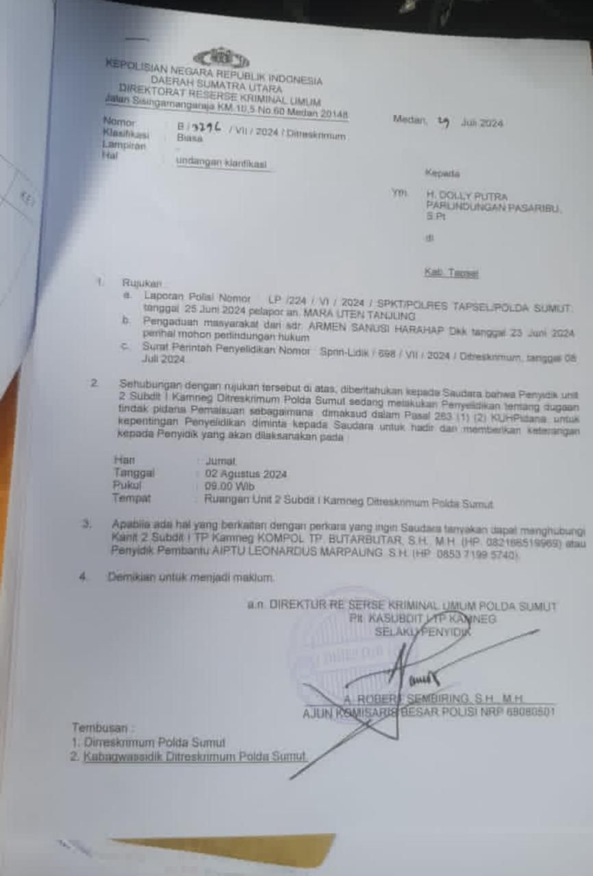 Bupati Tapsel Doli Pasaribu Mangkir Dari Panggilan Polda Sumut.