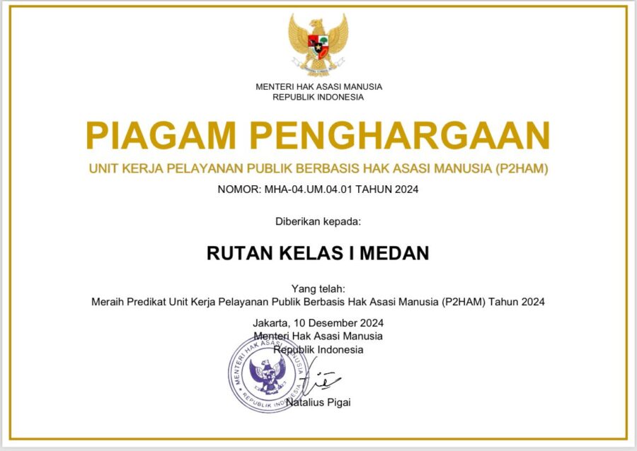 Rutan Kelas I Medan Dapat Penghargaan Dari Menteri Hak Asasi Manusia.