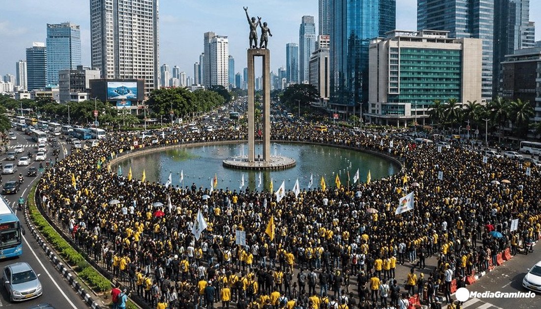 Ribuan Mahasiswa Lakukan Aksi Massa Bundaran HI, Protes Keras Kemerosotan Ekonomi dan Kebijakan Fiskal Pemerintah